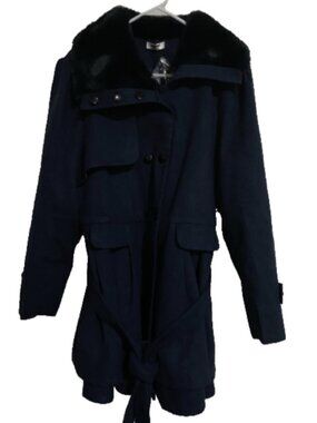 Zeagoo Womens Coat XL Navy Blue Solid Faux Fur Black Collar Double Breasted Belt